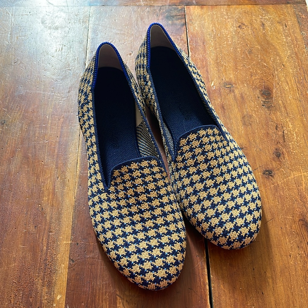 Rothy's Navy And Tan Houndstooth Knit Loafers